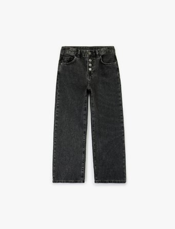 Pamuklu Düğme Detaylı Beli Ayarlanabilir Lastikli Geniş Paça Denim Pantolon