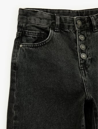 Pamuklu Düğme Detaylı Beli Ayarlanabilir Lastikli Geniş Paça Denim Pantolon