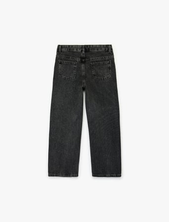 Pamuklu Düğme Detaylı Beli Ayarlanabilir Lastikli Geniş Paça Denim Pantolon