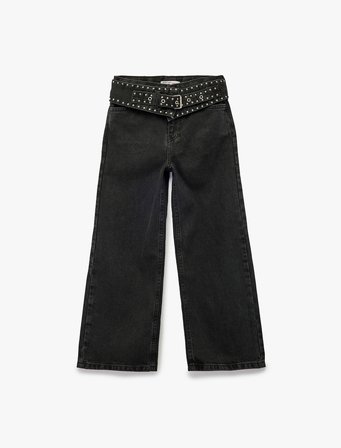 Kemerli Zımba Detaylı Pamuklu Geniş Paça Denim Pantolon