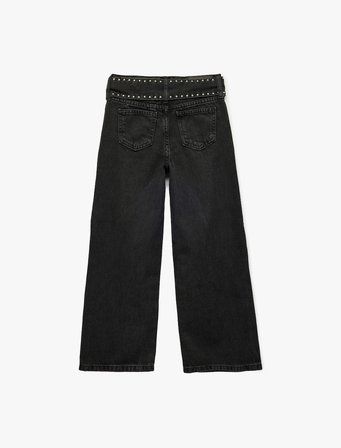 Kemerli Zımba Detaylı Pamuklu Geniş Paça Denim Pantolon