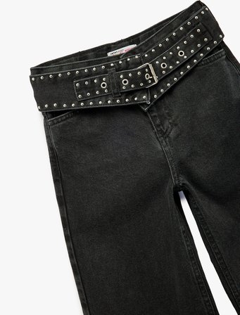 Kemerli Zımba Detaylı Pamuklu Geniş Paça Denim Pantolon