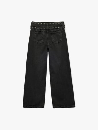 Kemerli Zımba Detaylı Pamuklu Geniş Paça Denim Pantolon