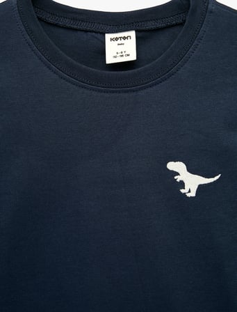 Dinozor Nakışlı Uzun Kollu Bisiklet Yaka Pamuklu Tişört