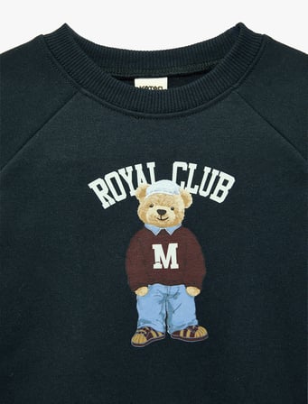 Uzun Kollu Bisiklet Yaka Şardonlu Ayıcık Baskılı Sweatshirt