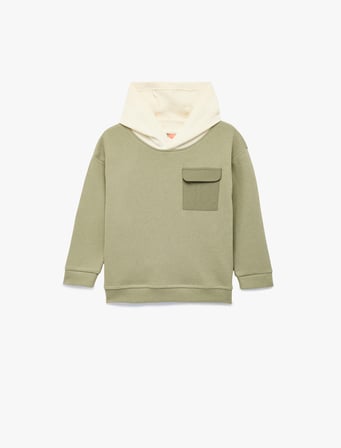 Kapaklı Cep Detaylı Pamuklu Bisiklet Yaka Uzun Kollu Kapşonlu Sweatshirt