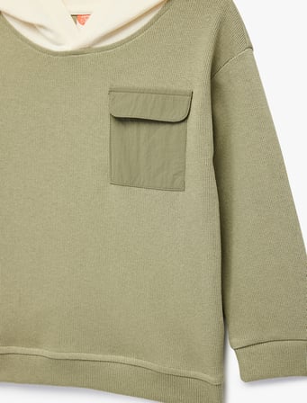 Kapaklı Cep Detaylı Pamuklu Bisiklet Yaka Uzun Kollu Kapşonlu Sweatshirt
