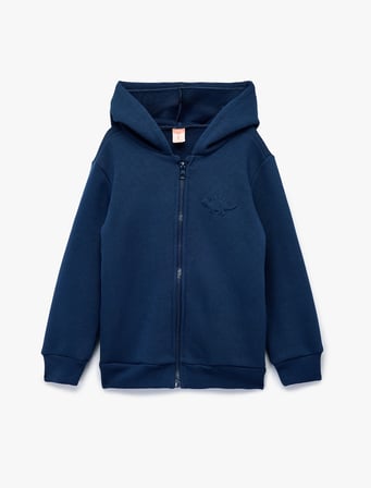 Dinozor Baskılı Şardonlu Uzun Kollu Kapşonlu Fermuarlı Sweatshirt