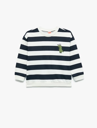 Uzun Kollu Bisiklet Yaka Şardonlu Pamuklu Çizgili Sweatshirt