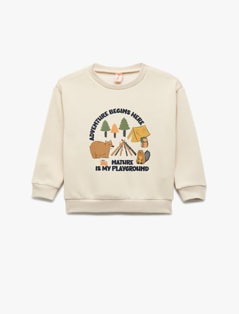 Bisiklet Yaka Uzun Kollu Şardonlu Baskılı Sweatshirt