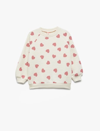 Pamuklu Bisiklet Yaka Uzun Kollu Kalp Baskılı Sweatshirt