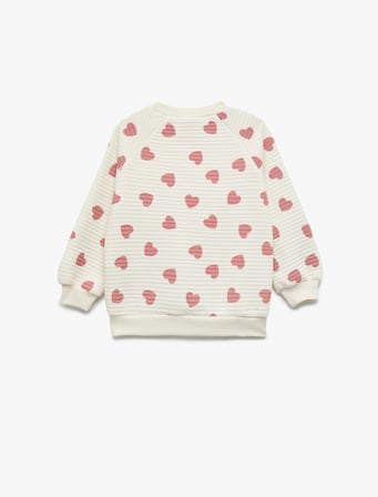 Pamuklu Bisiklet Yaka Uzun Kollu Kalp Baskılı Sweatshirt