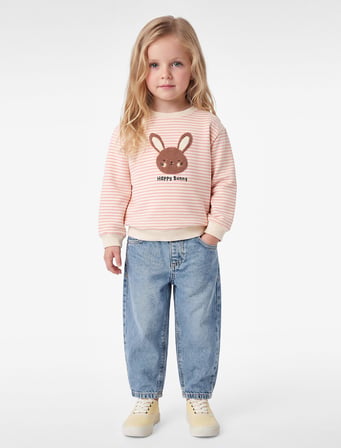 Uzun Kollu Bisiklet Yaka Tavşan Nakış Detaylı Şardonlu Çizgili Sweatshirt