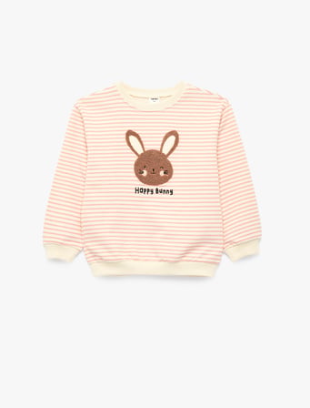 Uzun Kollu Bisiklet Yaka Tavşan Nakış Detaylı Şardonlu Çizgili Sweatshirt