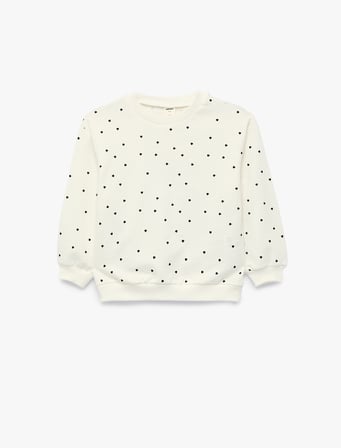 Uzun Kollu Bisiklet Yaka Kalp Desenli Pamuklu Sweatshirt