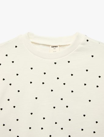Uzun Kollu Bisiklet Yaka Kalp Desenli Pamuklu Sweatshirt