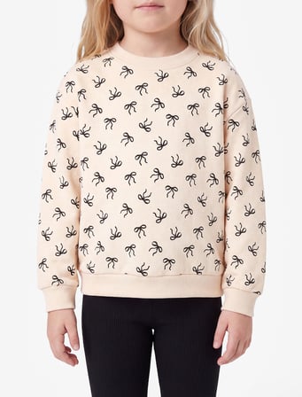 Pamuklu Uzun Kollu Bisiklet Yaka Baskılı Şardonlu Fiyonklu Sweatshirt
