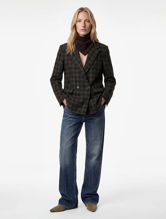 Uzun Kollu Kruvaze Cepli Ekose Oversize Blazer Ceket