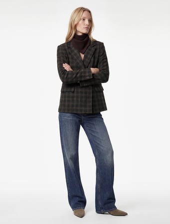 Uzun Kollu Kruvaze Cepli Ekose Oversize Blazer Ceket