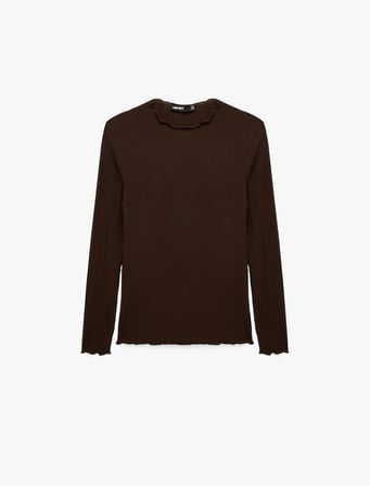 Kaşkorse Viskon Kumaş Slim Fit Uzun Kollu Fırfırlı Bisiklet Yaka Tişört