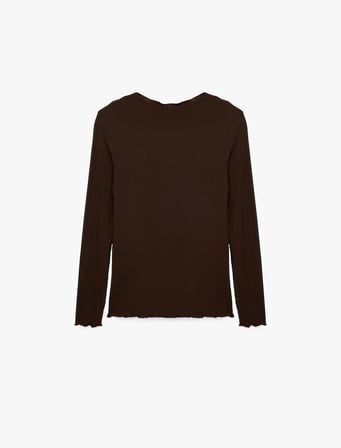 Kaşkorse Viskon Kumaş Slim Fit Uzun Kollu Fırfırlı Bisiklet Yaka Tişört