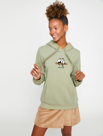 Üç İplik Şardonlu Kapüşonlu Kanguru Cepli Panda Baskılı Sweatshirt