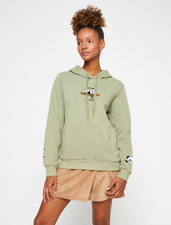 Üç İplik Şardonlu Kapüşonlu Kanguru Cepli Panda Baskılı Sweatshirt