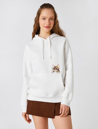 Üç İplik Şardonlu Kedi Nakışlı Uzun Kollu Kanguru Cepli Kapüşonlu Sweatshirt
