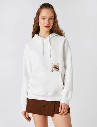 Üç İplik Şardonlu Kedi Nakışlı Uzun Kollu Kanguru Cepli Kapüşonlu Sweatshirt