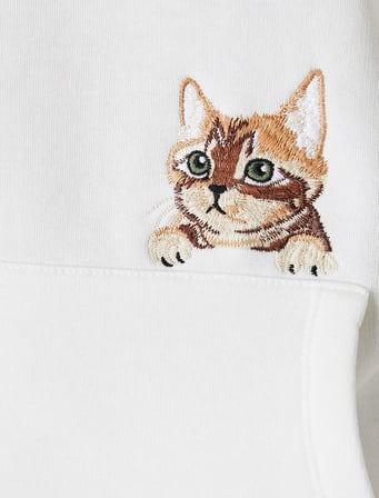 Üç İplik Şardonlu Kedi Nakışlı Uzun Kollu Kanguru Cepli Kapüşonlu Sweatshirt