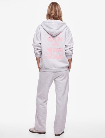 Şardonlu Rahat Kalıp Uzun Kollu Kapüşonlu Fermuarlı Kanguru Cepli Fiyonk Baskılı Sweatshirt