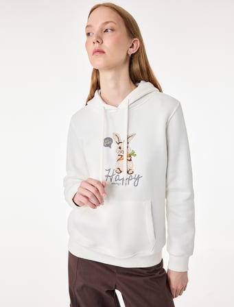 Uzun Kollu Şardonlu Tavşan Baskılı Kapüşonlu Sweatshirt