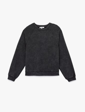 Pamuklu Üç İplik Şardonlu Yıkamalı Uzun Kollu Bisiklet Yaka Sweatshirt