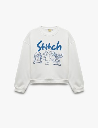 Stitch Lisanslı Baskılı Rahat Kalıp Şardonlu Bisiklet Yaka Uzun Kollu Sweatshirt
