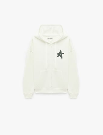 Şardonlu Rahat Kalıp Kanguru Cepli Kapüşonlu Fermuarlı Arkası Baskılı Sweatshirt