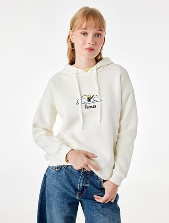 Snoopy Lisanslı Arkası Baskılı Şardonlu Kapüşonlu Sweatshirt