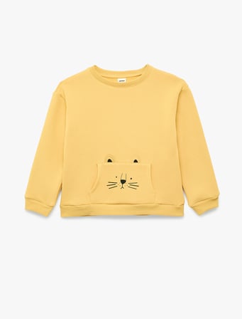 Kedi Baskılı Kanguru Cepli Uzun Kollu Şardonlu Sweatshirt