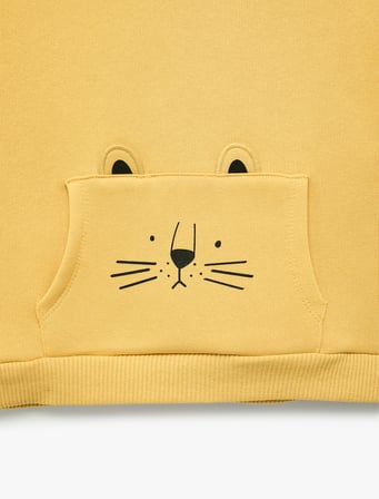Kedi Baskılı Kanguru Cepli Uzun Kollu Şardonlu Sweatshirt
