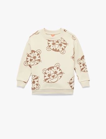 Kaplan Baskılı Şardonlu Bisiklet Yaka Uzun Kollu Oversize Sweatshirt
