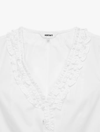 Pamuklu Slim Fit Kap Kol V Yaka Fırfırlı Poplin Gömlek