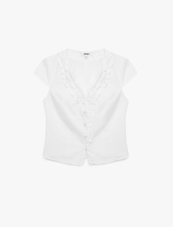 Pamuklu Slim Fit Kap Kol V Yaka Fırfırlı Poplin Gömlek