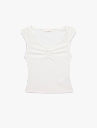 Slim Fit Kolsuz Büzgülü V Yaka Tişört