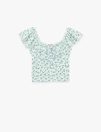 Çiçek Desenli U Yaka Kısa Kollu Crop Bluz