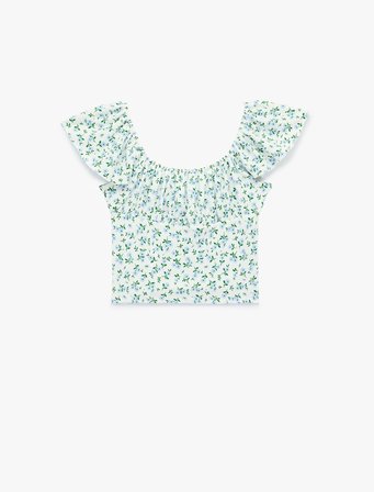 Çiçek Desenli U Yaka Kısa Kollu Crop Bluz