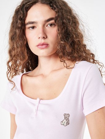 Rahat Kalıp U Yaka Kısa Kollu Pamuklu Pijama Üstü
