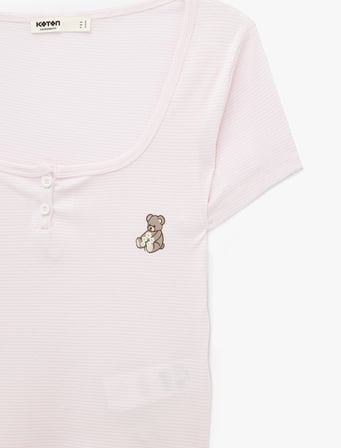 Rahat Kalıp U Yaka Kısa Kollu Pamuklu Pijama Üstü