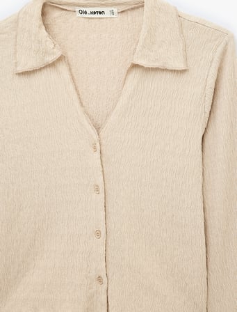 Bürümcük Kumaş Slim Fit Klasik Yaka Düğmeli Uzun İspanyol Kollu Tişört