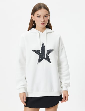 Rahat Kalıp Arkası Baskılı Şardonlu Kapüşonlu Sweatshirt