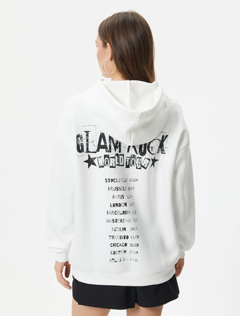 Rahat Kalıp Arkası Baskılı Şardonlu Kapüşonlu Sweatshirt