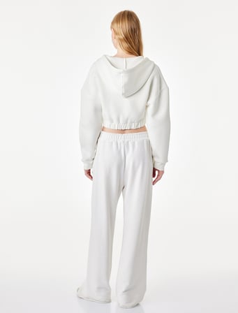 Şardonlu Uzun Kollu Kapüşonlu Korse Detaylı Fermuarlı Crop Sweatshirt